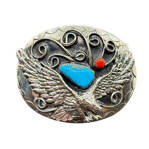 Vintage Navajo Silver Belt Buckle | Turquoise & Red Coral Eagle Western Design